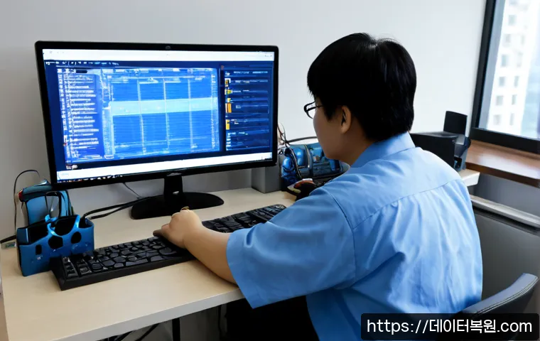 광명동 STATUS_MEMORY_VIOLATION - Photorealistic IT support workstation in a compact Gwangmyeong-dong office, technician examining a d...