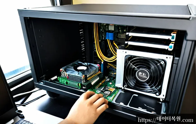 산림동 쿨러조립 및 교체수리 - Photorealistic desktop PC repair workstation in a compact Sangnim-dong office, technician carefully ...