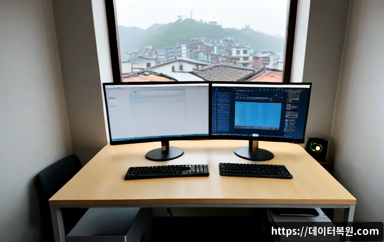 현저동 SYSTEM_LICENSE_VIOLATION - Photorealistic IT support workstation in a compact hillside apartment office, dual monitors showing ...