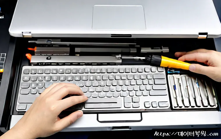 개포동 맥북프로 판매 및 수리 - Photorealistic premium laptop repair bench in a quiet Gaepo-dong electronics workshop, technician ca...