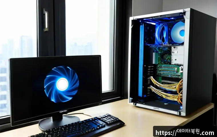 영천동 KERNEL_DATA_INPAGE_ERROR - Photorealistic compact IT support workstation in a modern Korean neighborhood office, desktop monito...