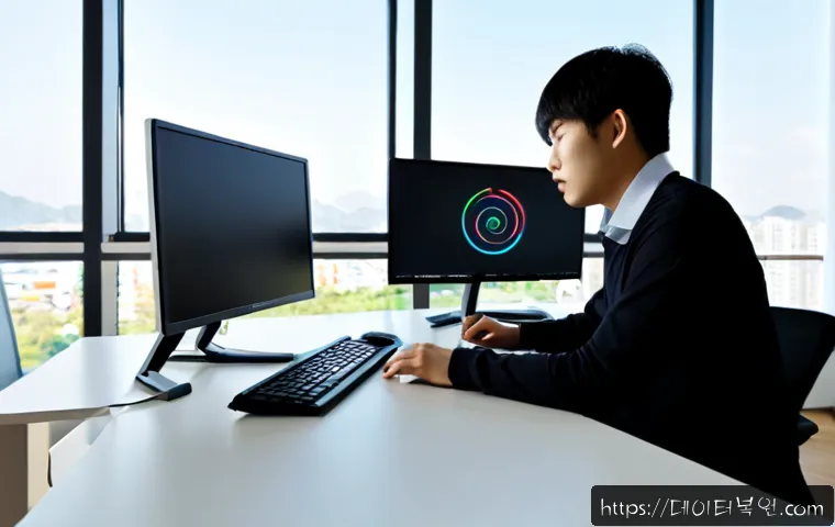 문봉동 STATUS_KERNEL_PERMISSION_DENIED - Photorealistic IT support workstation in a modern apartment office, dual monitors showing abstract p...