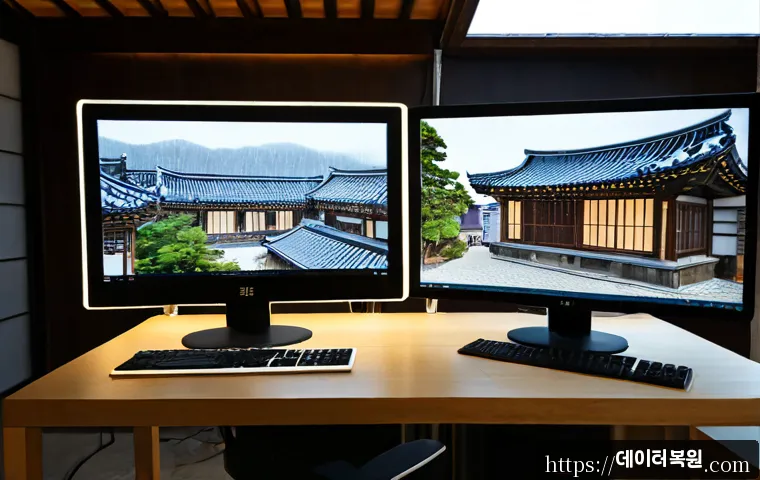 안국동 STATUS_INSTRUCTION_FAILED - Photorealistic architectural workstation in a quiet Anguk-dong studio, dual monitors showing an unla...