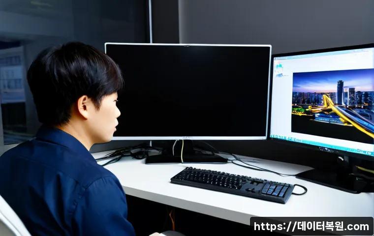 순화동 모니터화면 안나옴 - Photorealistic IT support scene in a compact Sunaehwa-dong office, a frustrated professional facing ...