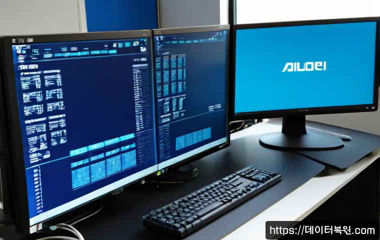과천시 CRITICAL_PROCESS_DIED - Photorealistic IT support workstation in Gwacheon, dual monitors showing a blank blue crash screen w...