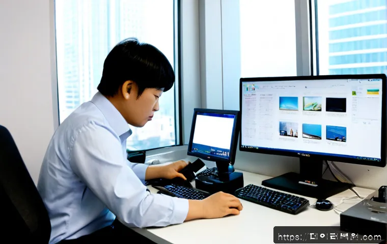 중구 컴퓨터 desktop 출장방문수리점 - Photorealistic desktop computer repair technician servicing an open tower PC at a compact office wor...