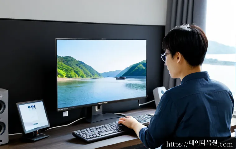 광장동 입력신호가 없습니다 - Photorealistic remote-support workstation in a modern apartment near a quiet riverside residential d...