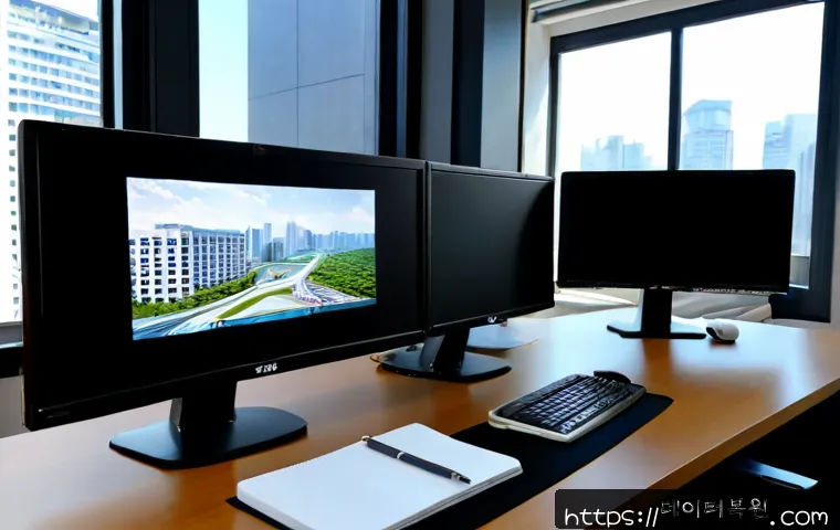 문정동 STATUS_PRIVILEGED_INSTRUCTION - Photorealistic architectural workstation in a modern Munjeong-dong business office, dual monitors di...
