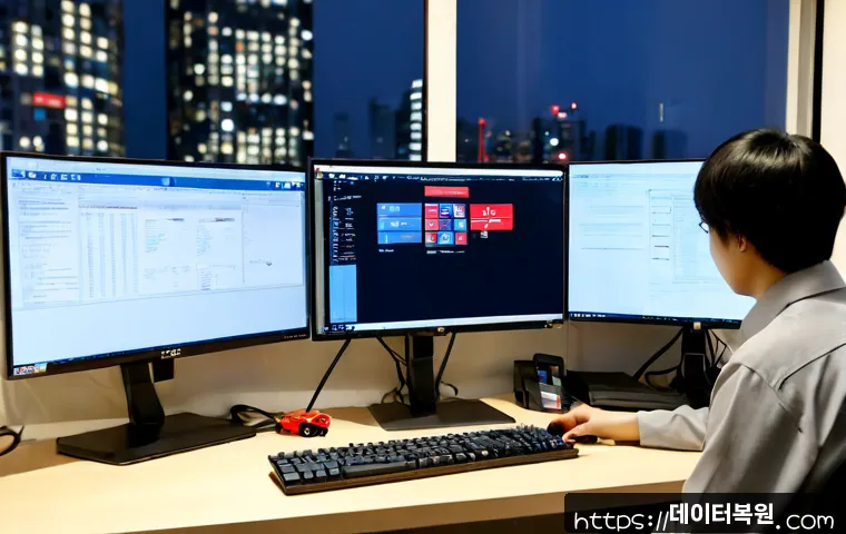 숭인동 STATUS_MODULE_ACCESS_DENIED - Photorealistic remote-support workstation in a compact Seoul apartment office, dual monitors showing...
