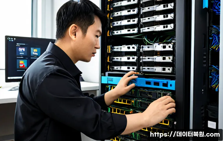 오륜동 서버출장방문수리점 - Photorealistic onsite server repair inside a compact Oryun-dong office, technician in neat neutral w...
