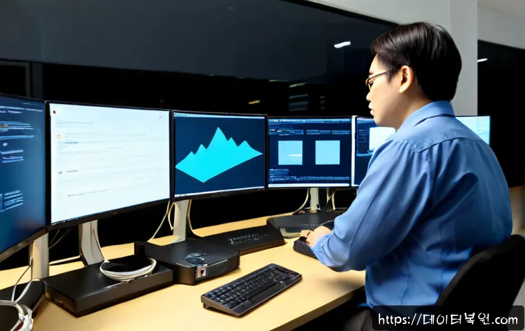오륜동 STATUS_PAGE_FAULT - Photorealistic IT support workstation in a modern office near a quiet Olympic Park neighborhood, dua...