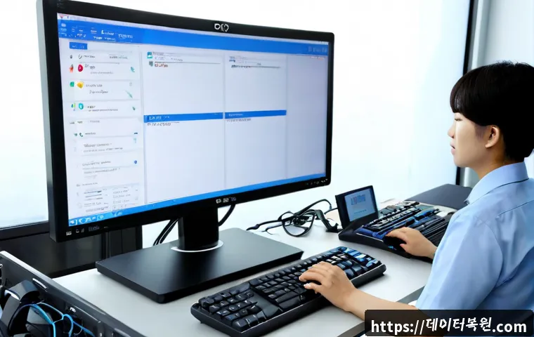 필운동 STATUS_KERNEL_MODE_EXCEPTION - Photorealistic IT support workstation in a quiet Philun-dong office, dual monitors showing a nonverb...