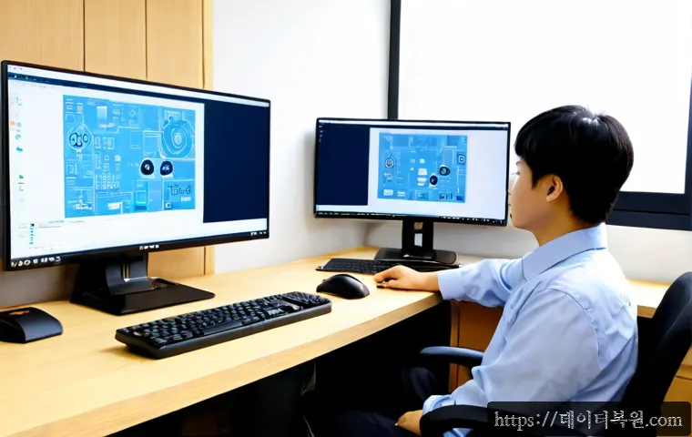 대현동 SESSION_HAS_VALID_VIEWS_ON_EXIT - Photorealistic remote-support workstation in a compact university-district office, dual monitors sho...