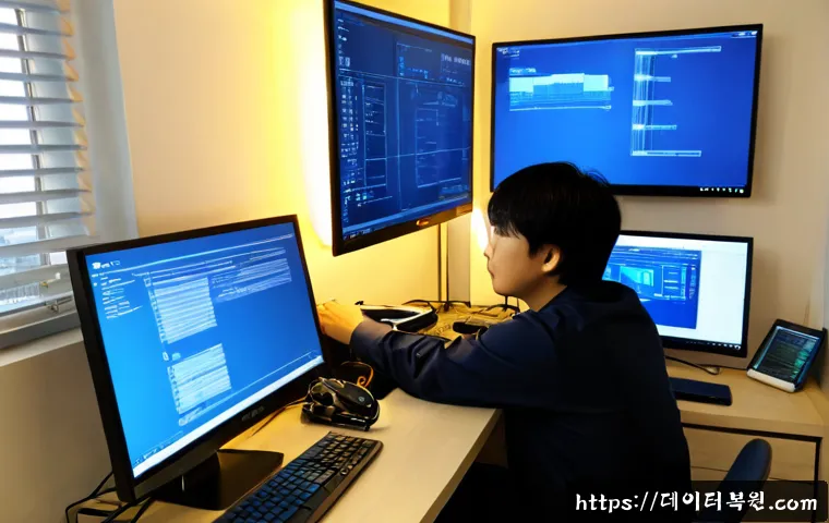 돈암동 DRIVER_VERIFIER_DETECTED_VIOLATION - Photorealistic IT support workstation in a compact Donam-dong apartment office, dual monitors showin...