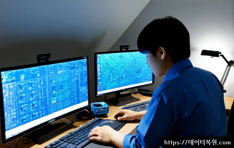 갈월동 STATUS_KERNEL_THREAD_TIMEOUT - Photorealistic IT support workstation in a compact hillside Seoul office, dual monitors showing abst...