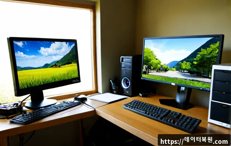 도척면 컴퓨터 desktop 출장방문수리점 - Photorealistic desktop computer field repair inside a quiet rural home office near orchard-covered h...