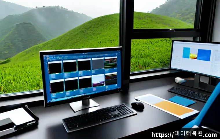 안암동 POOL_CORRUPTION_IN_FILE_AREA - Photorealistic software recovery workstation in a compact Anam-dong office, dual monitors showing an...