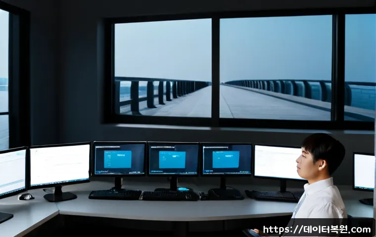 한강로 STATUS_SECURITY_POLICY_VIOLATION - Photorealistic IT security workstation in a modern office near a broad riverside boulevard, dual mon...
