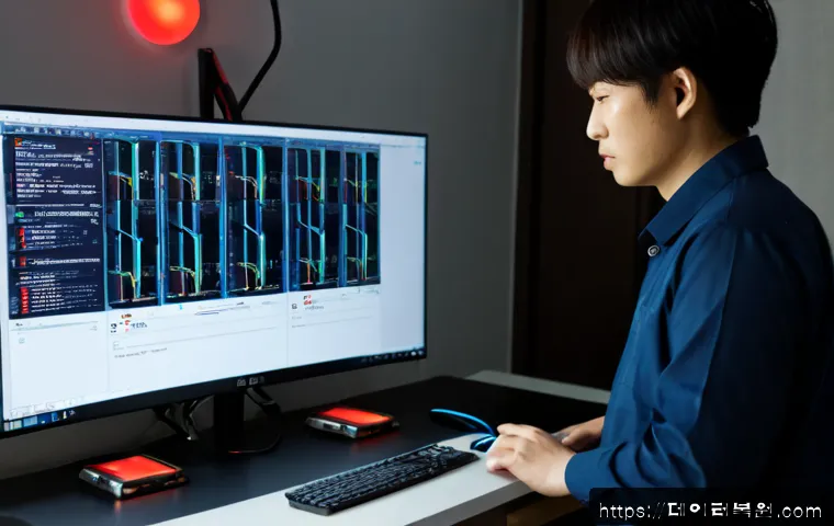 방화동 STATUS_IO_ERROR - Photorealistic IT support workstation in a compact Banghwa-dong apartment office, dual monitors show...