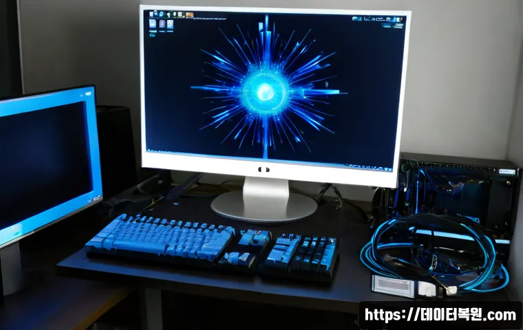 용신동 DRIVER_CAUSED_SYSTEM_CRASH - Photorealistic IT support workstation in Yongshin-dong, Seoul, dual monitors showing a frozen abstra...
