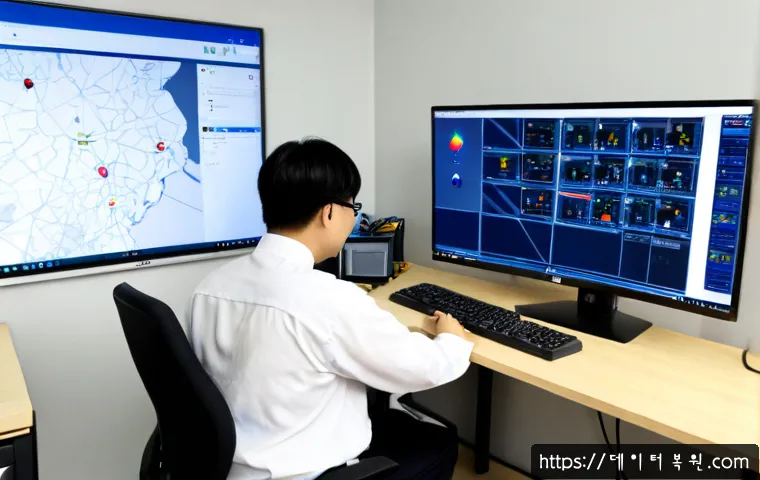 고양시 PAGE_TABLE_CORRUPT - Photorealistic IT support workstation in Goyang, dual-monitor desktop showing a blank geometric memo...