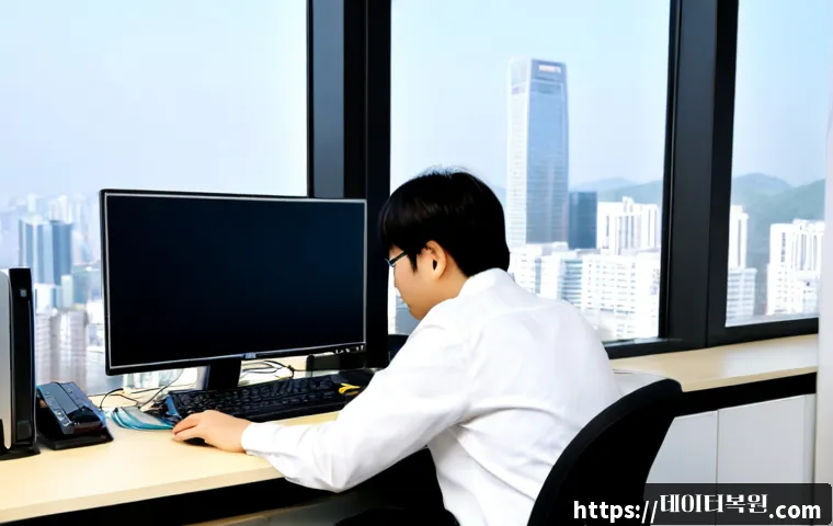영등포구 IO_DEVICE_ERROR - Photorealistic IT support workstation in Yeongdeungpo, Seoul, a frustrated technician inspecting an ...