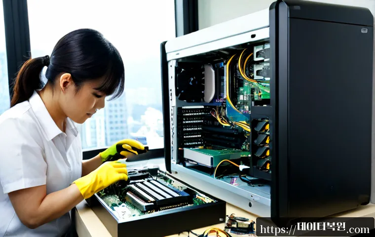 강남구 메인보드조립 및 교체수리 - Photorealistic electronics repair workstation in Gangnam-gu, Seoul, technician wearing anti-static g...