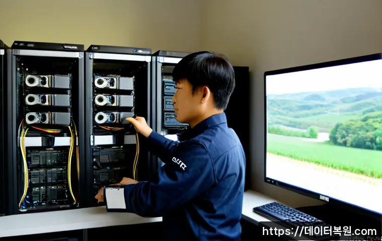 도척면 나스 nas 설정및수리 - Photorealistic IT technician configuring a compact NAS enclosure at a clean workstation, multiple bl...