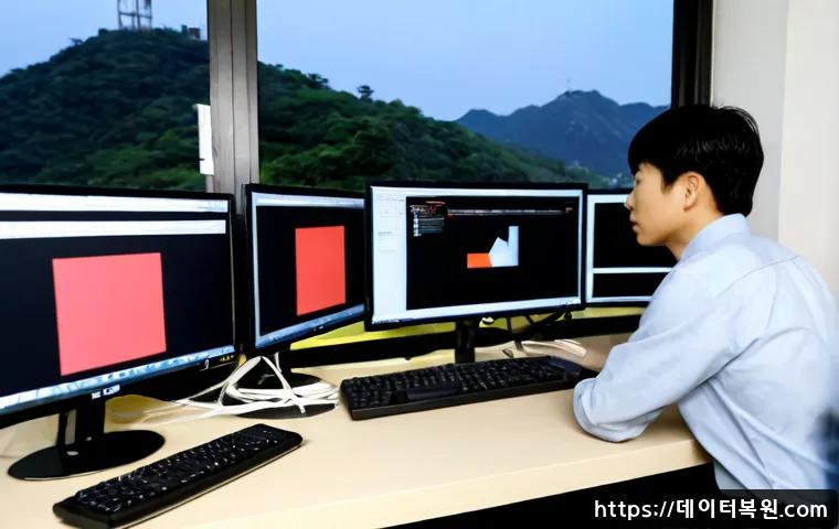 신이문동 STATUS_DISK_FULL - Photorealistic remote support workstation in a compact East Seoul apartment office, worried technici...