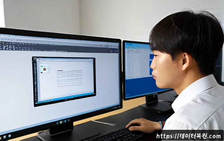 설문동 STATUS_PROTECTION_ERROR - Photorealistic software support workspace in Seolmun-dong, Korean office technician studying a dual-...