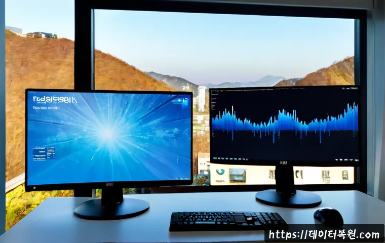 이태원 KERNEL_MODE_HEAP_CORRUPTION - Photorealistic remote-support workstation in a modern Itaewon apartment, dual monitors showing a fro...