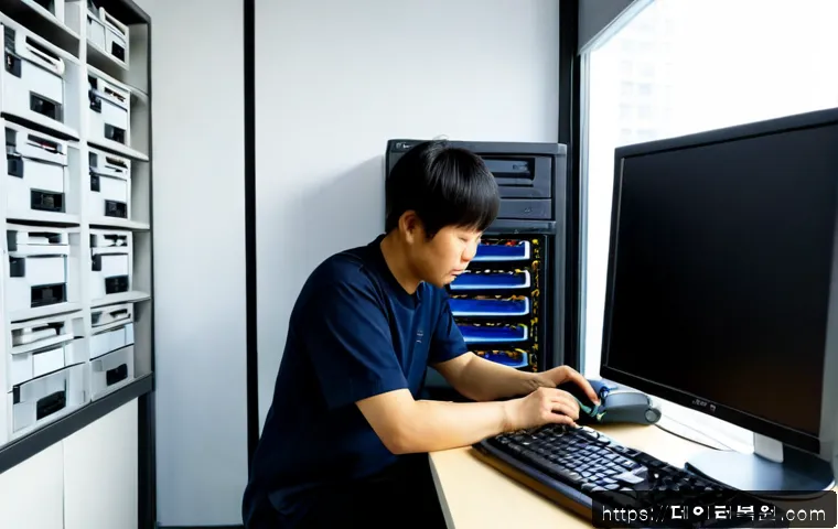 입정동 bootdevice - Photorealistic IT technician at a compact workstation in an older central Seoul office, carefully in...