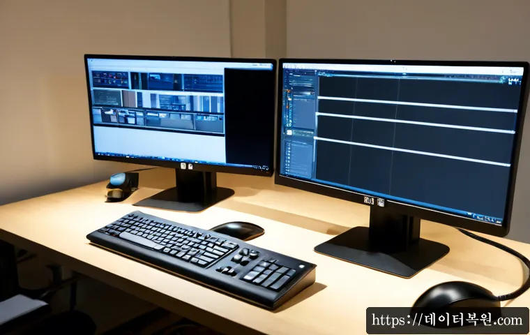 저동 STATUS_PAGEFILE_MISSING - Photorealistic remote-support workstation in a compact Euljiro-style design studio, dual monitors sh...