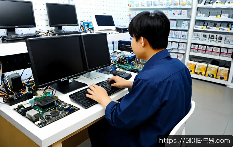 회기동 하드조립 및 교체수리 - Photorealistic computer repair workstation in a compact Hoegi-dong electronics shop, technician inst...