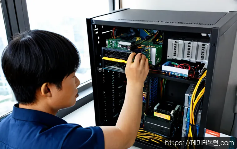 마두동 파워조립 및 교체수리 - Photorealistic PC repair workstation in a compact Madudong apartment office, technician installing a...
