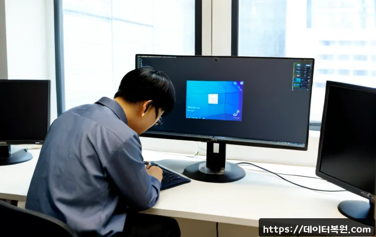중림동 CRITICAL_OBJECT_TERMINATION - Photorealistic IT support workstation in Jungnim-dong, Seoul, dual monitors showing an abstract 3D C...