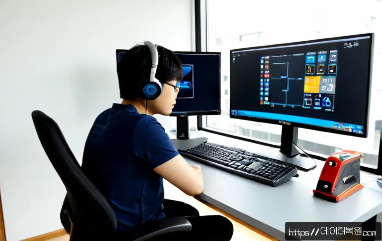 보라매동 STATUS_DEVICE_NOT_READY - Photorealistic remote-support workstation in a compact Boramae-dong apartment office, dual monitors ...