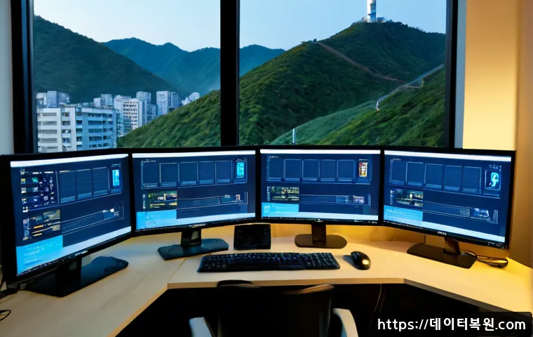 이태원 STATUS_KERNEL_MODULE_NOT_FOUND - Photorealistic remote-support workstation in a contemporary Itaewon apartment office, dual monitors ...
