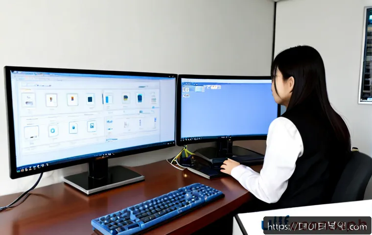 장안동 STATUS_NETWORK_ACCESS_DENIED - Photorealistic IT support workstation in a compact Jangandong office, dual monitors showing a generi...
