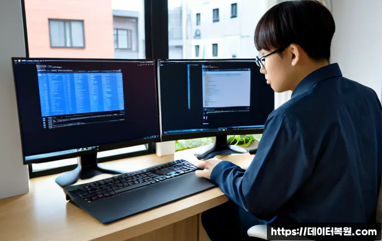 원당동 STATUS_FILE_CORRUPTION - Photorealistic IT technician at a modern workstation in a quiet Korean apartment-office setting, dua...