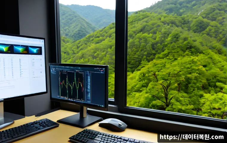 곤지암 STATUS_KERNEL_DRIVER_CORRUPTION - Photorealistic remote IT support workstation in a quiet Gonjiam office, dual monitors showing abstra...