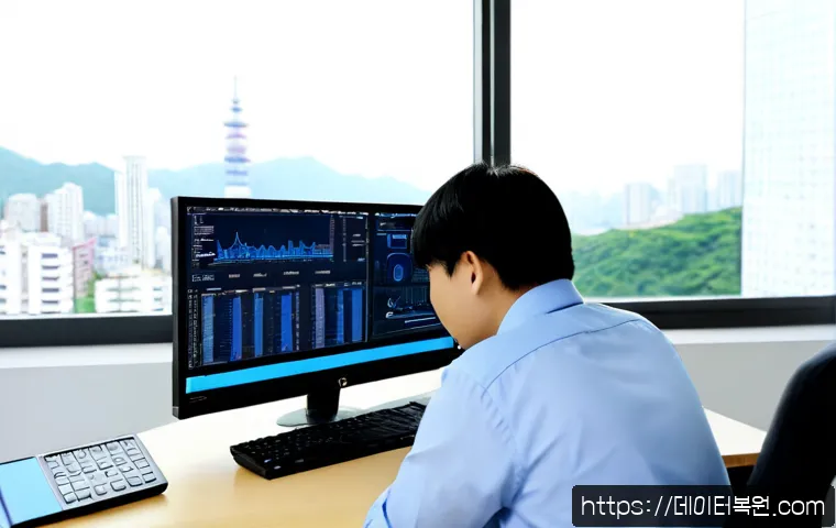수서동 POOL_HEADER_CORRUPTION - Photorealistic IT support workstation in a modern Suseo-dong office, dual monitors showing abstract ...