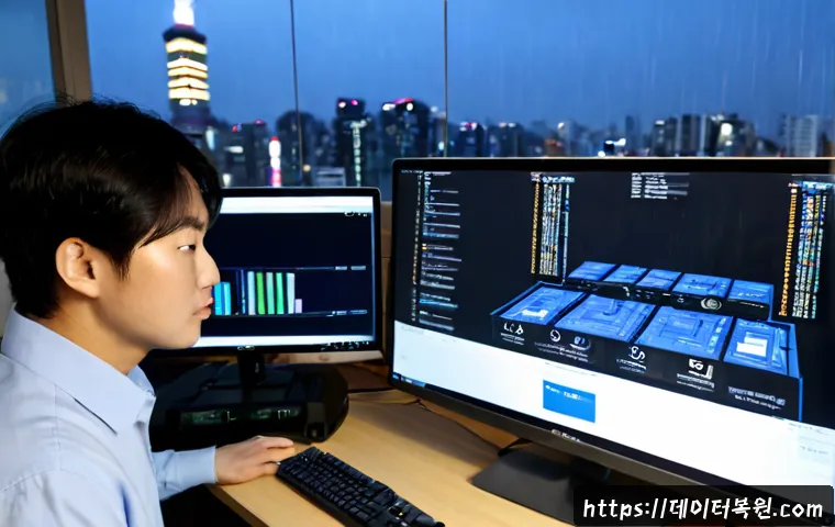 용두동 KERNEL_STACK_INPAGE_ERROR - Photorealistic IT support workstation in Yongdu-dong, Seoul, dual monitors showing a blank cobalt sy...
