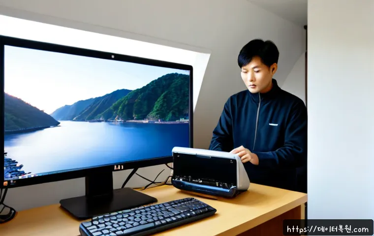 현저동 linux재설치 포맷  초기화 - Photorealistic IT support workstation in a compact hillside apartment near an old urban neighborhood...