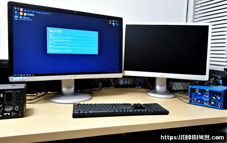 궁동 STATUS_KERNEL_MODE_EXCEPTION - Photorealistic computer repair workstation in a compact university-neighborhood studio, dual monitor...
