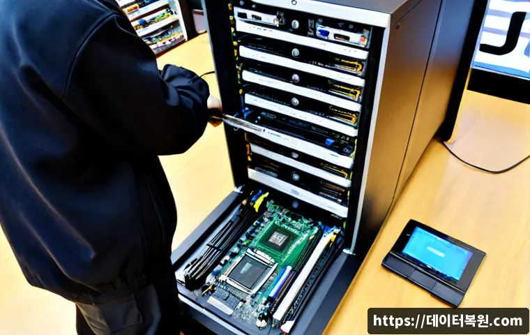 남산동 그래픽카드조립 및 교체수리 - Photorealistic PC repair workstation in a compact Namsan-dong electronics shop, technician carefully...