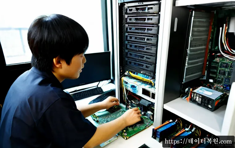 남대문 컴퓨터업그레이드 - Photorealistic computer upgrade workstation in a compact electronics repair shop near Namdaemun Mark...