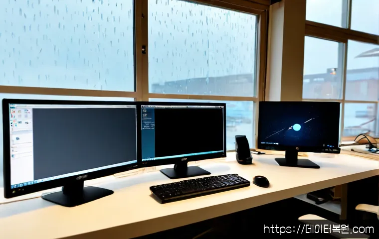 봉래동 STATUS_FILE_LOCK_CONFLICT - Photorealistic remote-support workstation in a compact Bonrae-dong office, dual monitors showing a c...