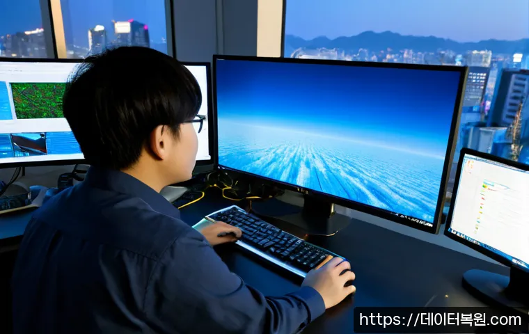 학온동 THREAD_STUCK_IN_DEVICE_DRIVER - Photorealistic IT support workstation in a modern Korean office, dual monitors frozen on a blank blu...