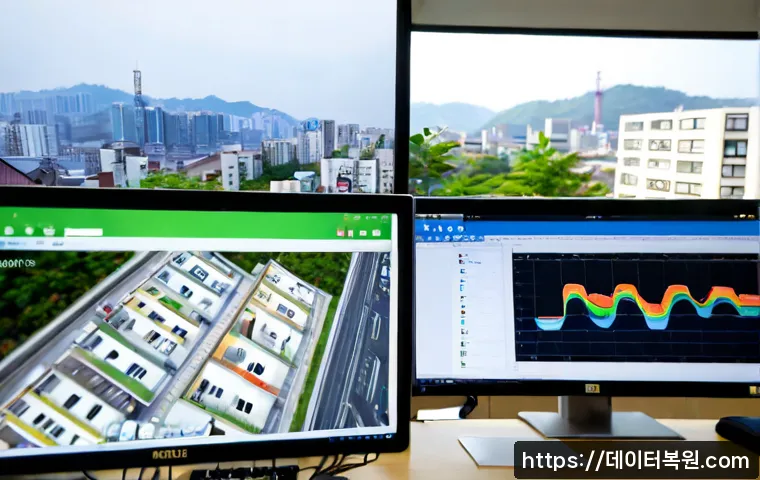 봉원동 MEMORY_MANAGEMENT - Photorealistic architectural workstation in a quiet hillside Seoul neighborhood, dual monitors showi...
